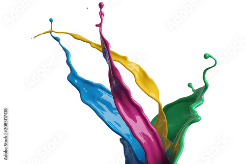 A dynamic splash of vibrant blue, yellow, pink, and green liquid paint frozen in motion, isolated on a solid black background