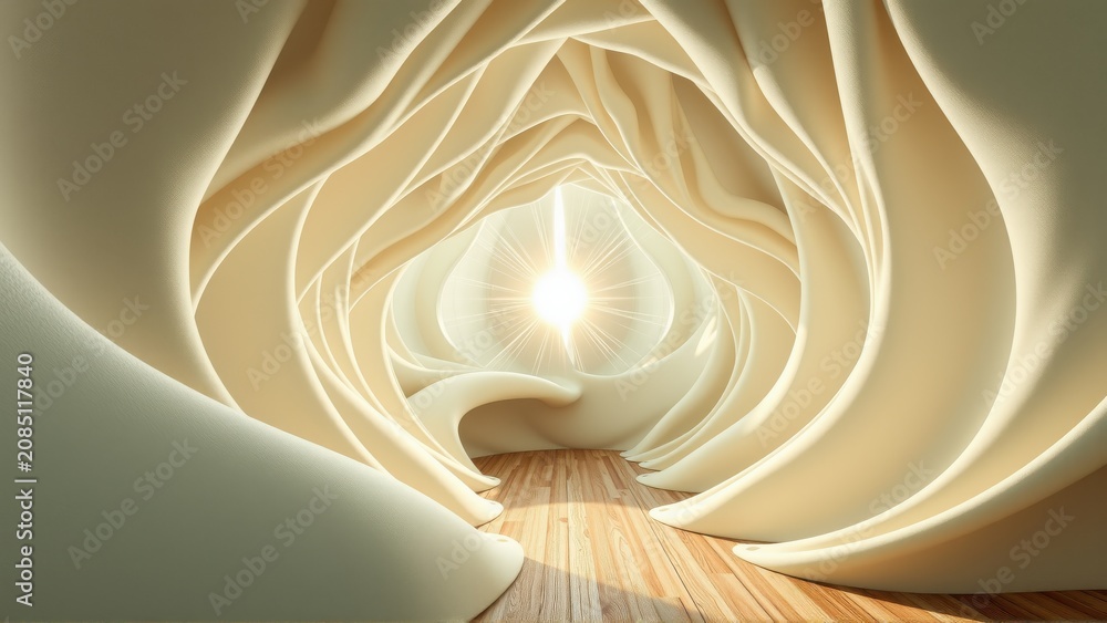 Fototapeta premium Abstract tunnel, soft curves, bright light source. Wooden floor creates depth, warm tones dominate composition. Smooth, flowing forms.