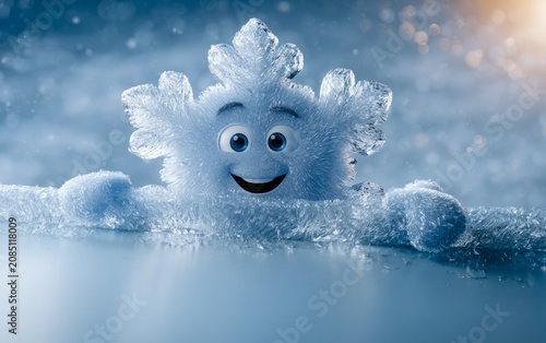 Cheerful 3D Snowflake Character With Face Peeking Over a Frosty Surface