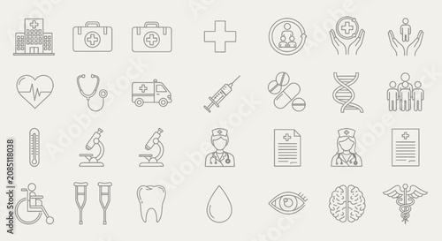 Slika na platnu Medical icons representing healthcare services and clinical supplies are arranged in a clean grid layout