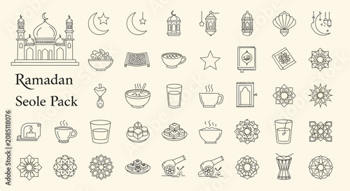 Quadro em tela Ramadan icons represent traditional Islamic culture and religious practices through minimalist line art featuring mosques, crescent moons, lanterns, and various symbolic elements for holiday projects