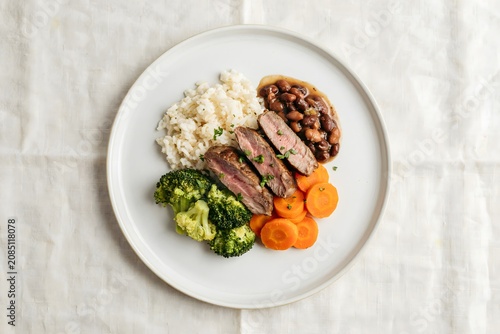 Healthy plate of sliced steak with broccoli rice and beans broccoli balanced