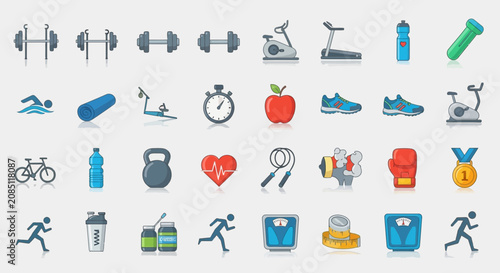 Картината върху платно Fitness icons showcase gym equipment, health tracking, and athletic gear to promote an active lifestyle and physical wellness
