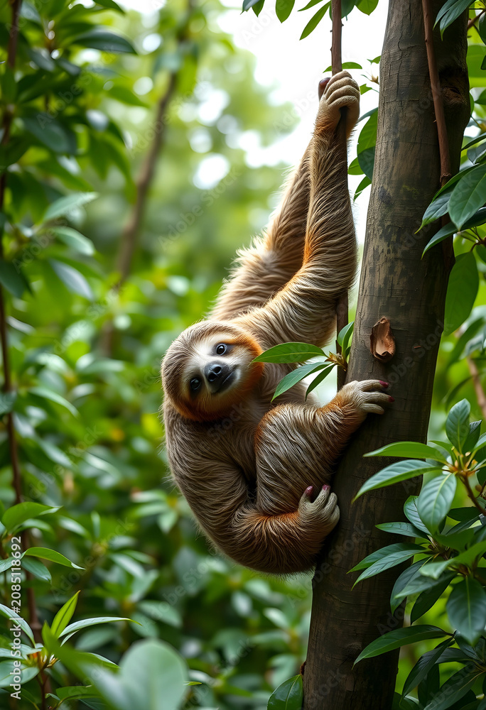 Fototapeta premium Relaxed sloth climbing tree in green forest