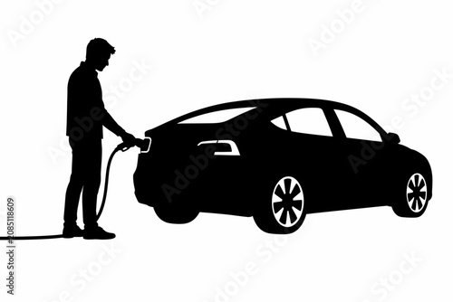 Man Charging Electric Car Silhouette