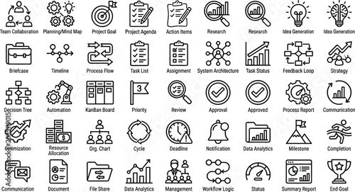 Business project management icons in a clean line art style on a white background