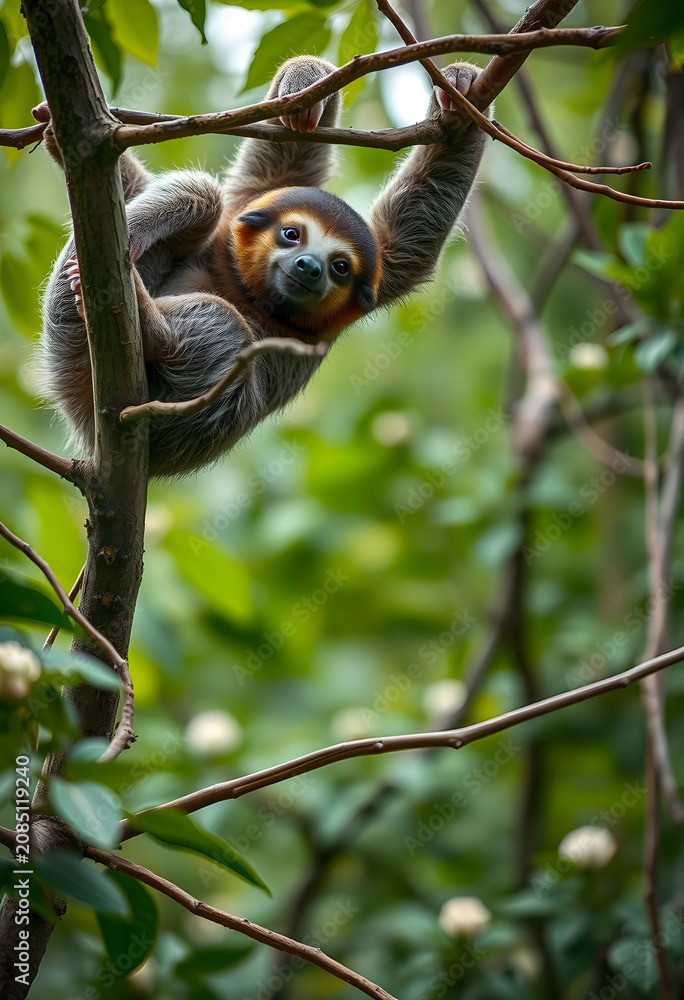 Fototapeta premium Playful sloth hanging on tree branch in nature