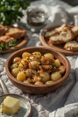 Fresh Roasted Grape Salad in Wooden Bowl on Rustic Table with Bread and Butter