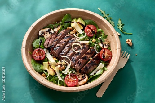 Fresh steak salad with roasted tomatoes and greens in bowl tomatoes vegetables