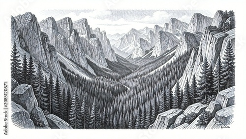 A black and white drawing of a mountain landscape