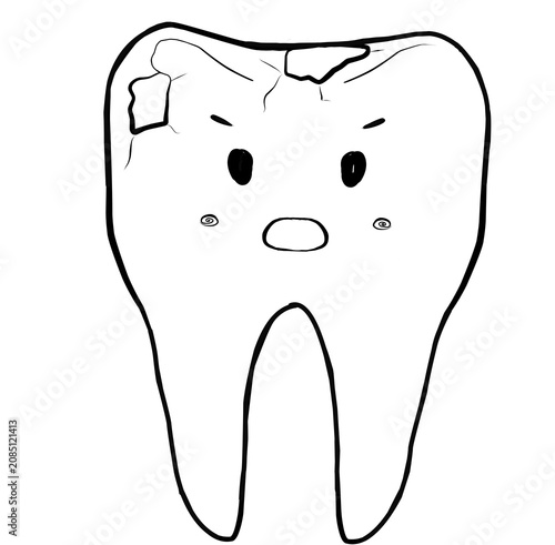 Damaged Tooth with Cavity Cartoon Outline Illustration