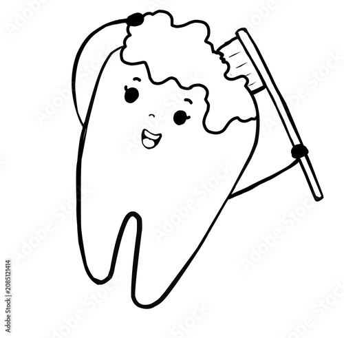 Cute Tooth Brushing Foam Hair Cartoon Outline Illustration