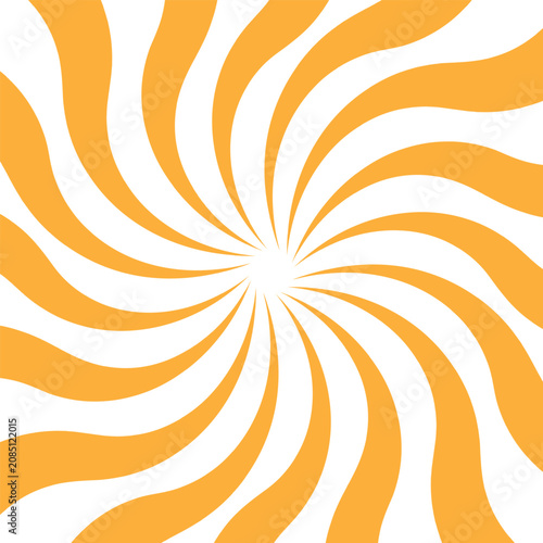 Abstract orange sunburst spiral vector background with radiant yellow rays, retro summer wallpaper design, swirling circles, bright textured illustration backdrop