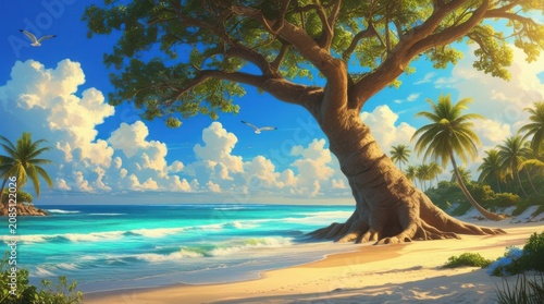 Large tree on tropical beach with ocean view