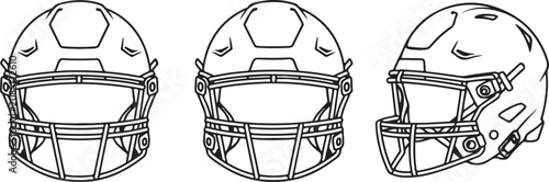 American Football Helmet Outline Set with Front and Side Views Isolated on White Background