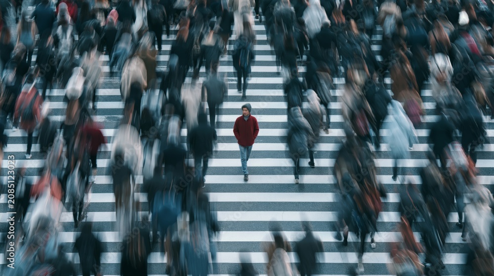 Obraz premium Busy city crosswalk with blurred pedestrians in motion while one calm individual walks through, symbol of confidence and peace, cinematic luxury advertising style, strong negative space