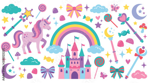 Bild auf Leinwand Unicorn kingdom collection with magical elements on white background