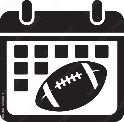 American football calendar icon, sports schedule vector, black and white illustration, rugby football graphic