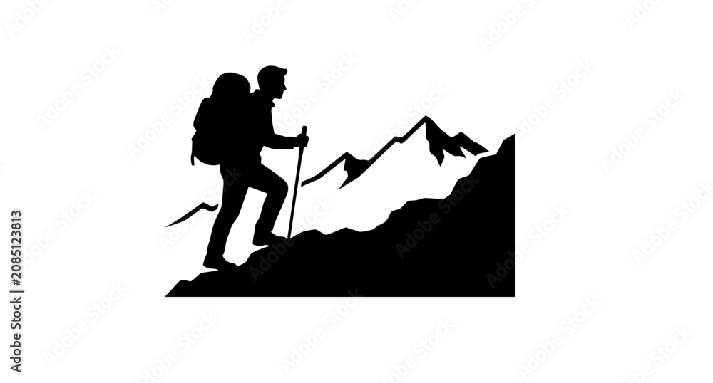 Fototapeta premium Hiker climbing steep mountain peak with backpack and trekking poles in landscape