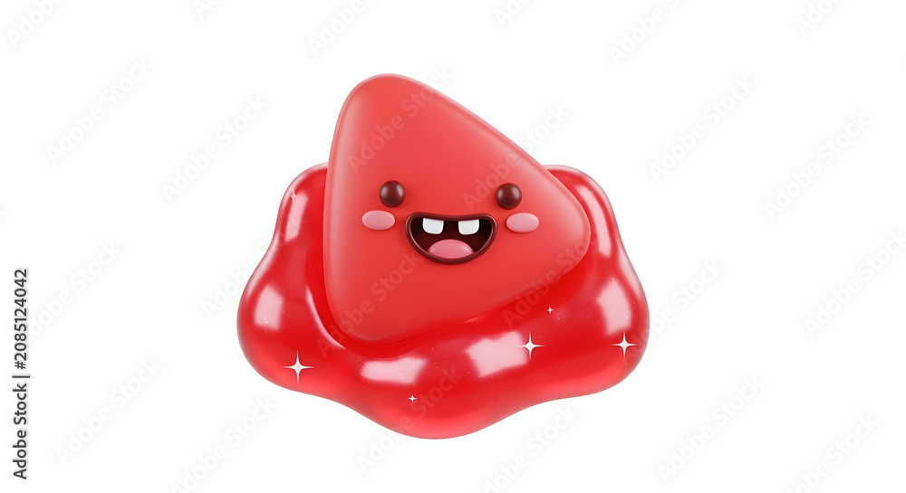 Fototapeta premium Cute 3D red play button icon character with happy face on glossy liquid blob
