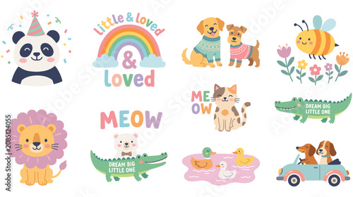 Canvas Print Cute baby animal stickers collection with rainbow dog cat bee and lion