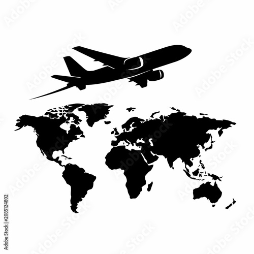 Airplane Flying Over World Map Silhouette