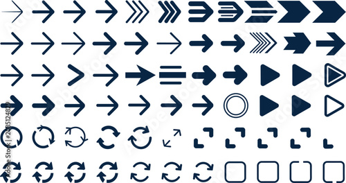 Photos Arrow vector icon set featuring dark blue pointer shapes play buttons and cyclic