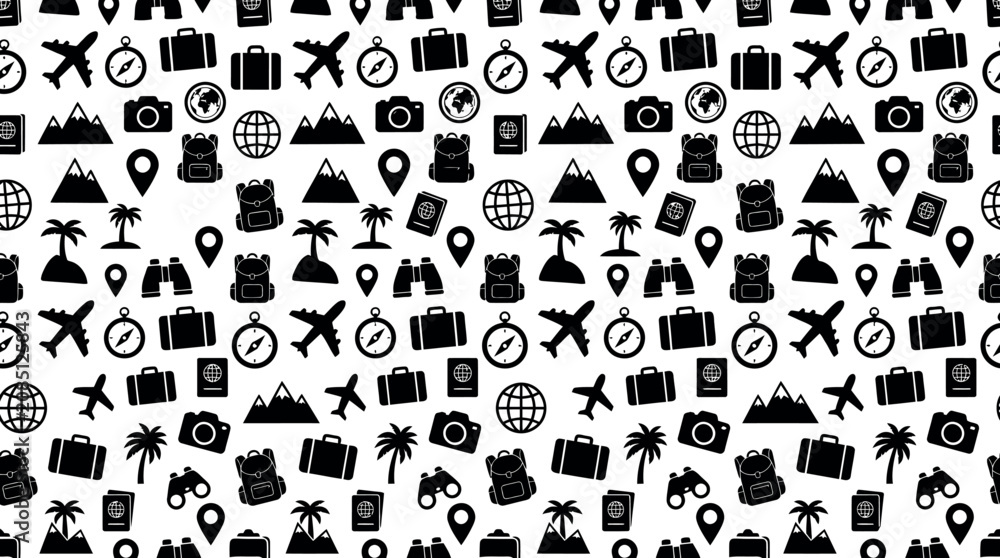 Obraz premium seamless travel pattern featuring vacation and adventure icons on a white background ideal for digital design.