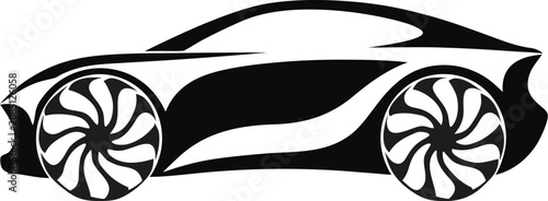 Sleek sports car, futuristic vehicle, black and white illustration, car design element
