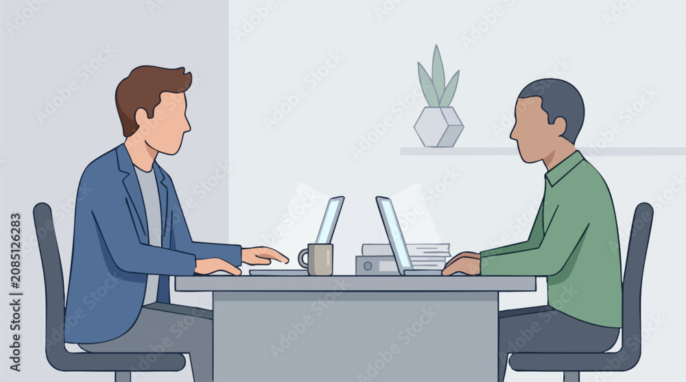 Fototapeta premium Two men working on laptops at a desk in an office setting, collaboration