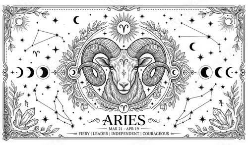 Foto Aries zodiac sign horoscope concept illustration with ram head, constellations and mystical moon phases