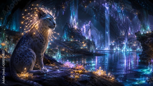 Glowing Cave Cat Guardian in Crystal Underground Cavern