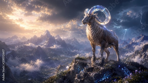 Majestic Mountain Ram with Crystal Horns on Stormy Peak