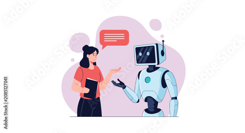 Young woman with a black notebook communicates with a friendly humanoid robot against a soft purple abstract background in a modern tech office.