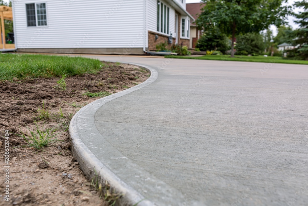 Fototapeta premium The Curved Concrete Driveway Leading Toward a Quiet Suburban Home