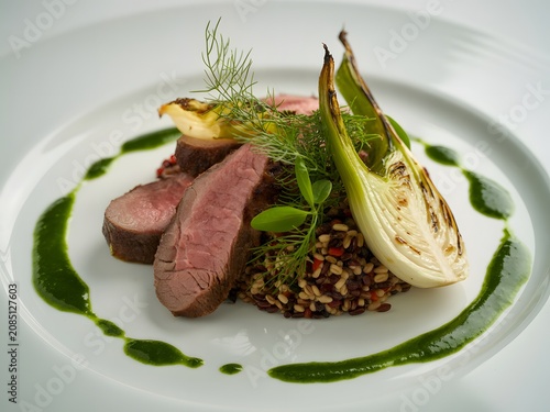 Gourmet seared beef tenderloin with roasted fennel and green herb sauce