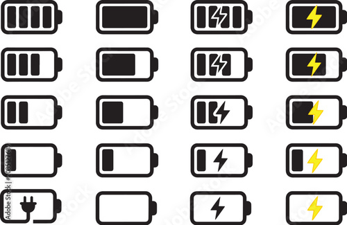 Battery status icons vector set with charging indicators, power levels for modern UI design