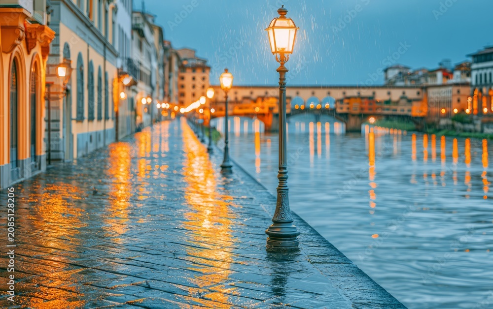 Fototapeta premium Rainy Evening at Arno River in Florence with Dusk Reflections and Lights