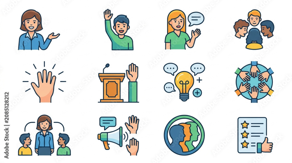 Fototapeta premium Collection of Diverse Icons Representing Communication and Teamwork.