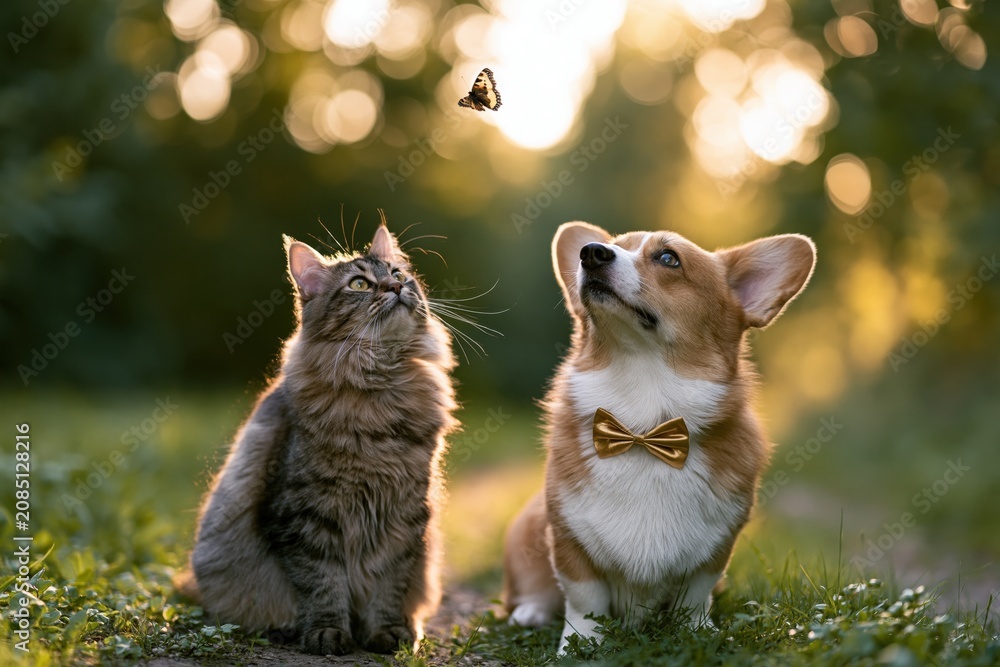 Obraz premium The Butterfly Above Two Pets in Golden Sunset Field Watching Curiously
