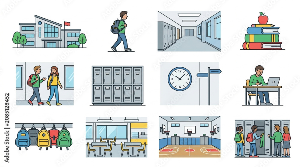 Fototapeta premium Collection of illustrations depicting school life and educational environments.
