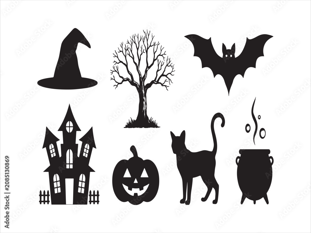 Fototapeta premium Halloween silhouette icons set with witch hat haunted house dead tree bat pumpkin black cat cauldron vector isolated illustration