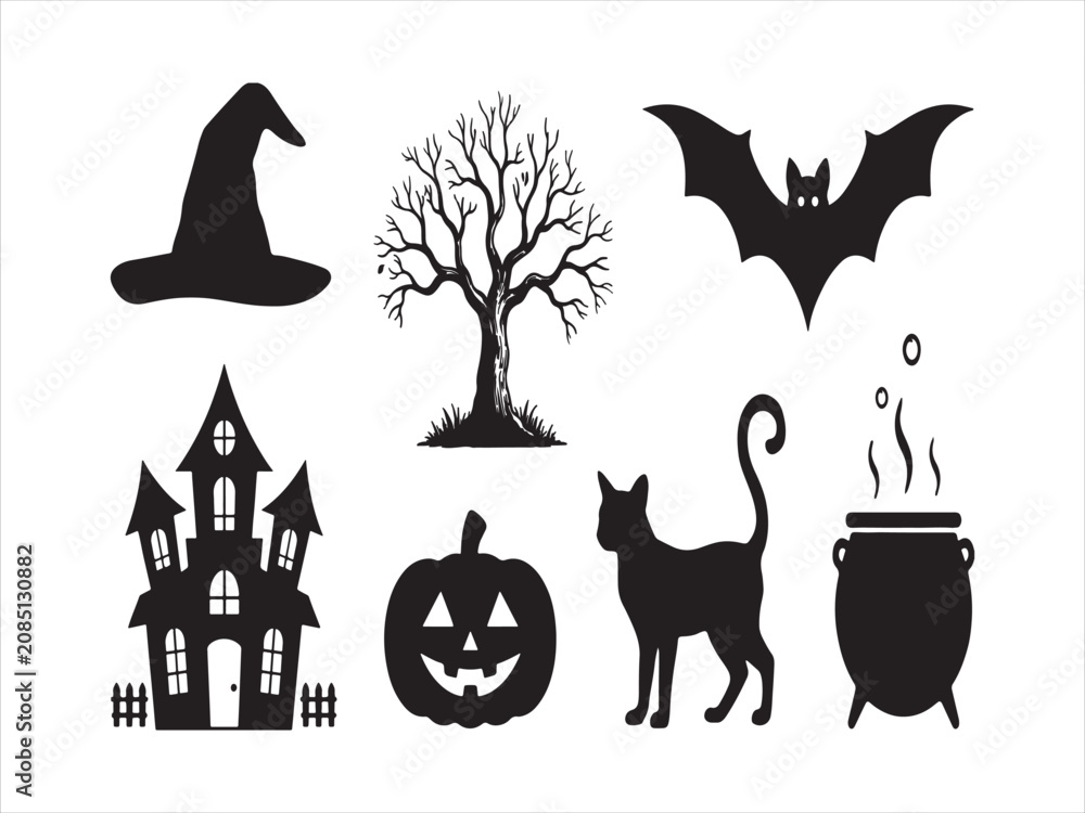 Fototapeta premium Halloween silhouette icons set with witch hat haunted house dead tree bat pumpkin black cat cauldron vector isolated illustration