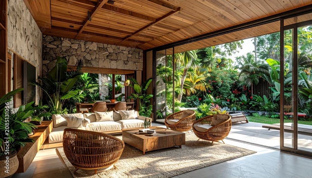 Fototapeta premium A serene living room with wicker chairs and lush plants overlooks a tropical garden through large glass doors.