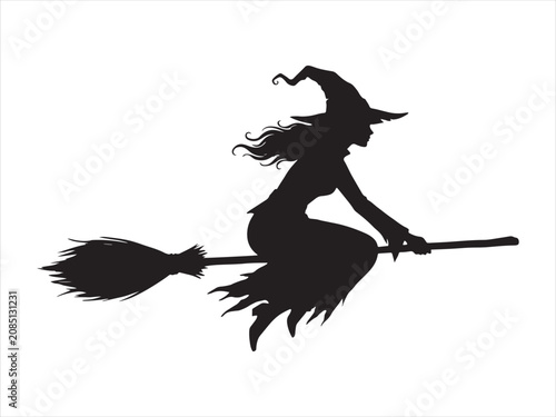 Billede på lærred Black silhouette of a witch flying on a broomstick vector isolated illustration