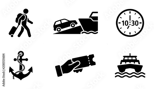Bild auf Leinwand Ferry Transportation Icons: Passenger, Car Loading, Clock, Anchor, Ticket, Vesse