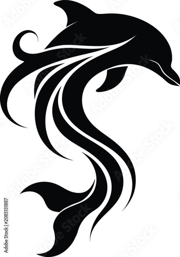 Canvastavla Black dolphin silhouette, vector illustration, marine animal icon, aquatic mamma
