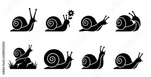 Bild auf Leinwand Snail Icons Set, Black Silhouette Garden Mollusk Vector Graphics, Slow Movement