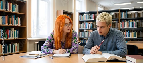 Two focused individuals reading books at wooden table in bright library setting