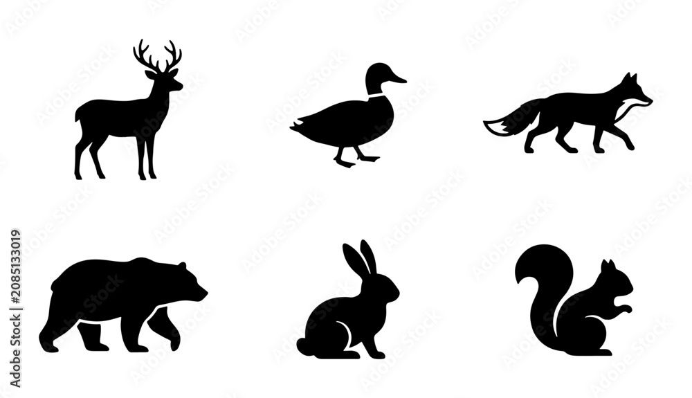 Obraz premium Forest Wildlife Silhouettes: Deer, Duck, Fox, Bear, Rabbit, Squirrel Icons